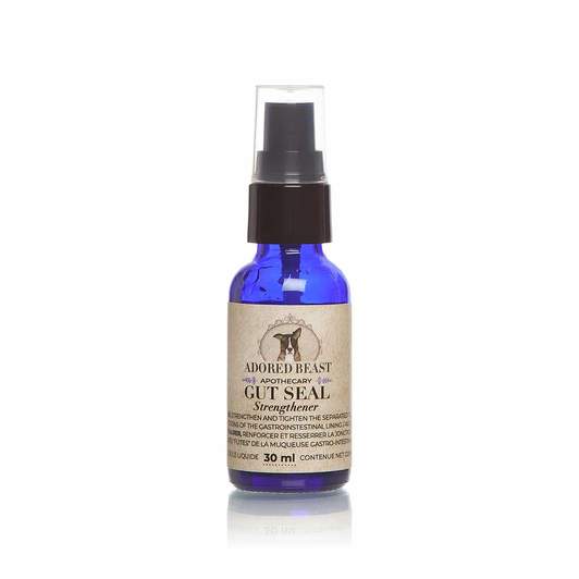 Adored Beast Leaky Gut Protocol - 5 Product Set featuring a 30 ml cobalt-blue glass bottle labeled “Gut Seal Strengthener” for canine gut health support.