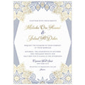 a white paper middle eastern invitation with blue and gold star designs on the corners and gold script with blue block font