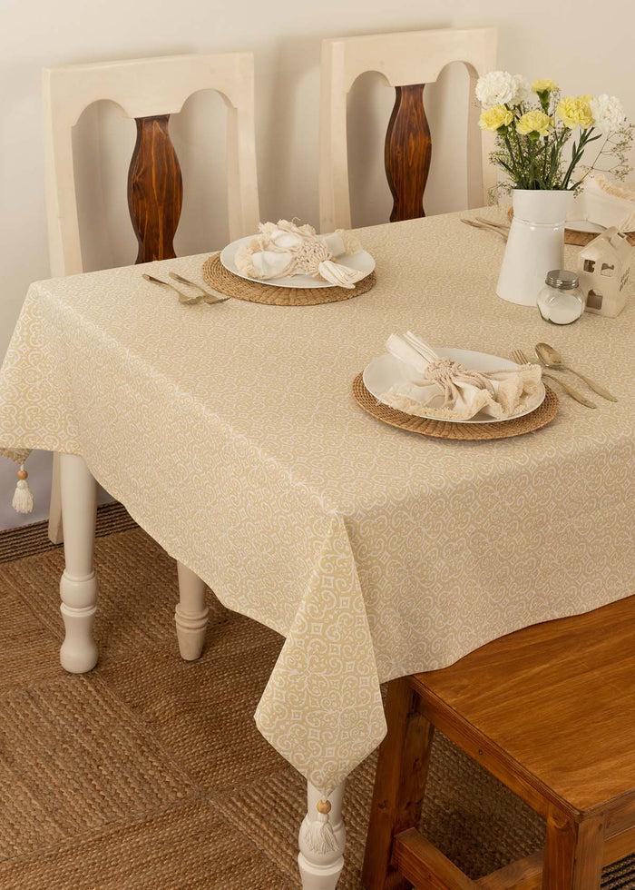 Antique 100% cotton Neutral table cloth with tassel for 4 seater or 6 seater dining - Cream
