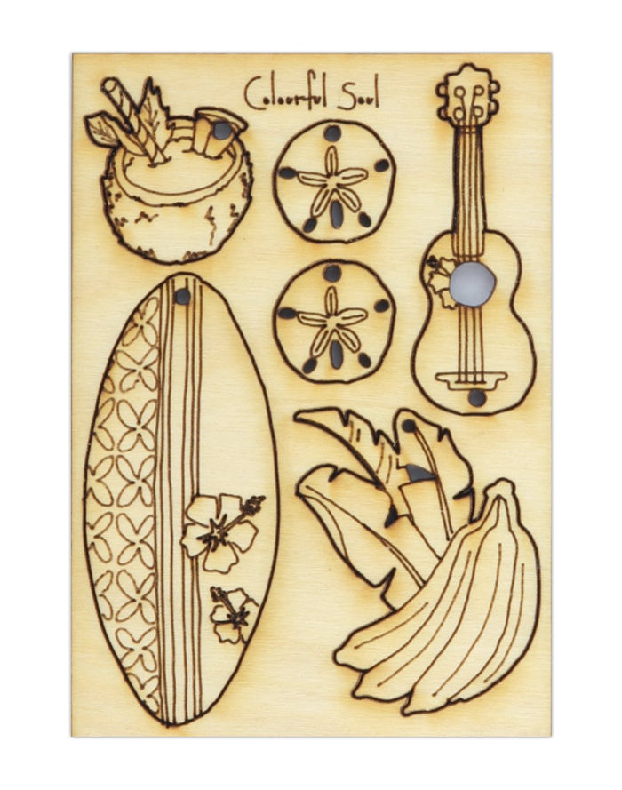 Wooden tropical art with surfboard, ukulele, and sand dollars.