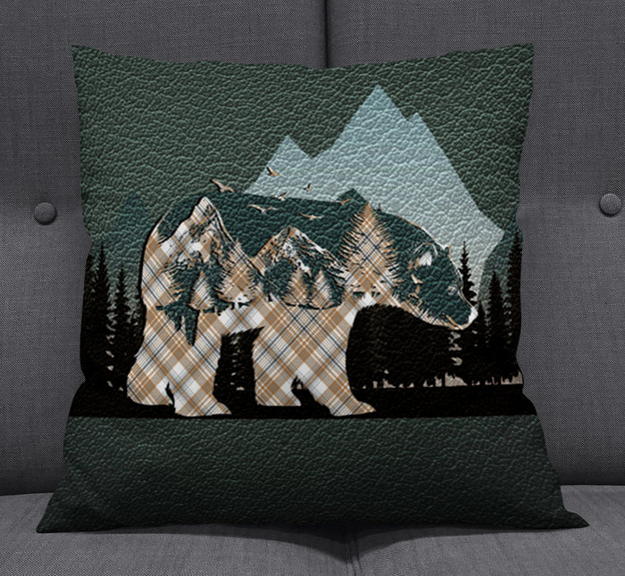 Beige Mountain Bear Wilderness Landscape Throw Pillow Cover