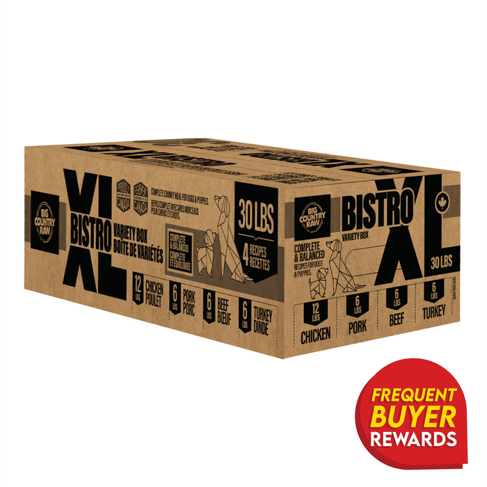 Big Country Raw XL Bistro Variety Box featuring 30 lbs of raw pet food, includes chicken, turkey, beef, and pork packs, with a Frequent Buyer Rewards badge.
