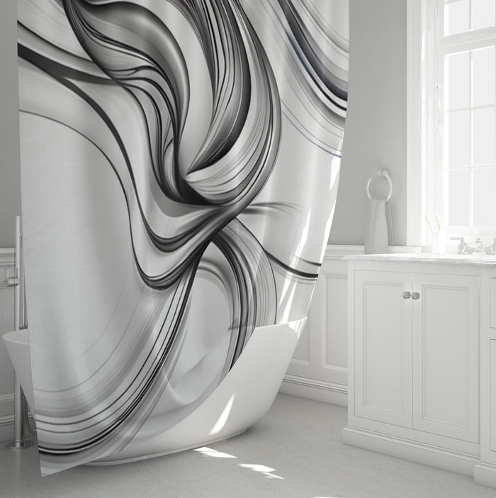 Black and White Fluid Line Pattern Shower Curtain