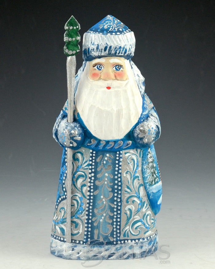 Blue and Silver Russian Santa Carving with staff and Toy Bag 6 inch