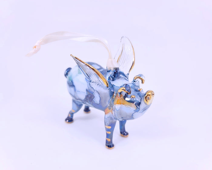 Blue Ceramic Flying Pig Ornament