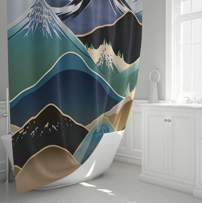 Blue Minimalist Mountain Landscape Artwork Shower Curtain