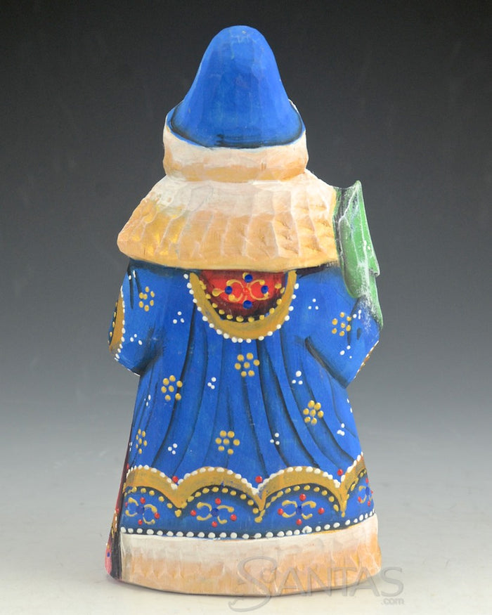 Blue, Red and White Santa Carving with Christmas Tree and Toy Bag 6 inch
