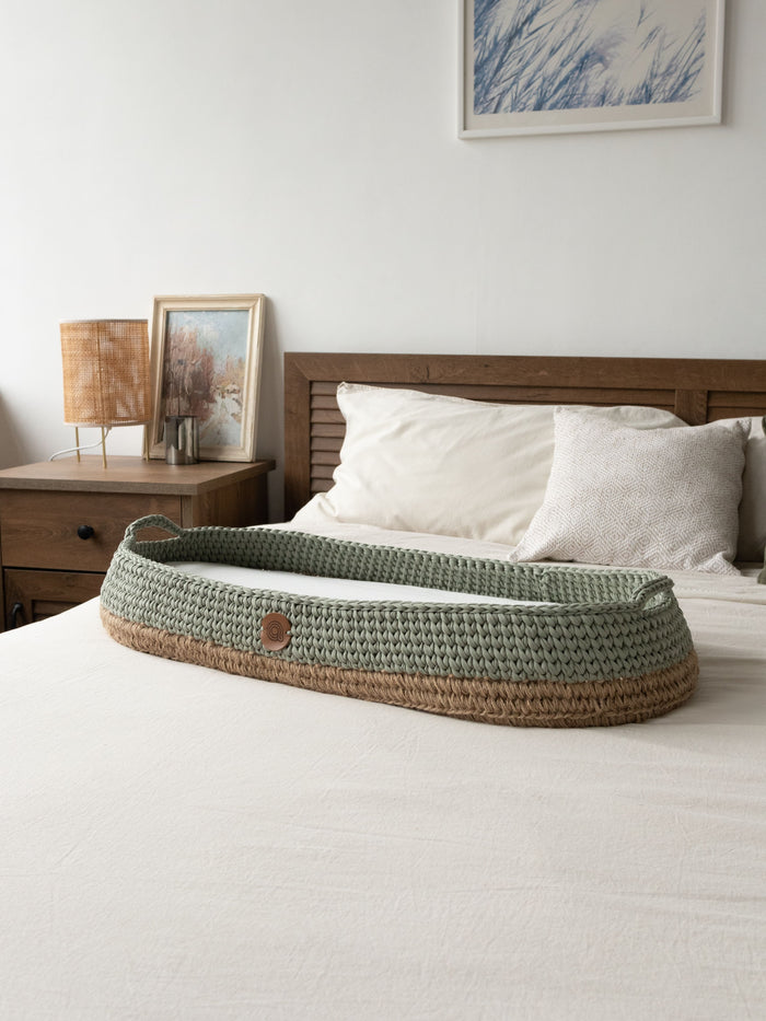 Sage green crocheted boho baby changing basket with jute accent – Anzy Home