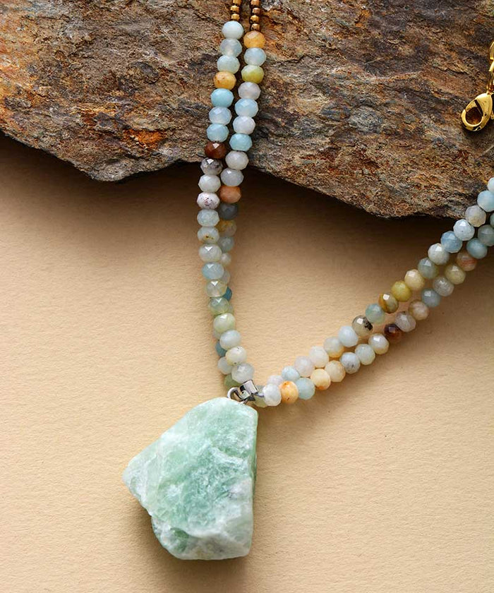 Boho Natural Amazonite Seed Beads & Pendant Necklace