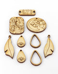 Wooden pendants with floral, earth, and yin-yang designs