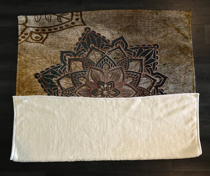 Brown Mandala Medallion Ornamental Pattern Fleece Sherpa Blanket
