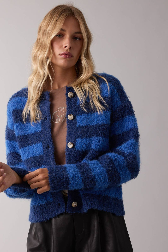 BRUSHED STRIPED BUTTON-UP CARDIGAN