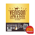 Butcher Blend Venison, Lamb & Duck for Cats label highlighting Complete with bone and organs, made in British Columbia, with Frequent Buyer Rewards badge and ingredient details.