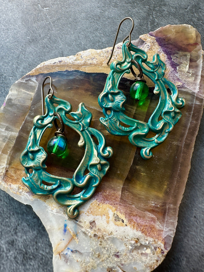 Teal art nouveau earrings with green crystal drops