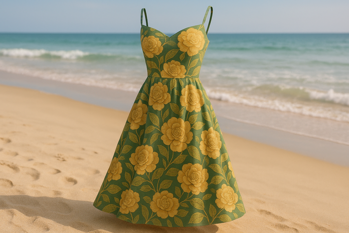 a lovely detailed summer dress on out door beach with Camellia Flower Print Linen Rayon: Green / Gold