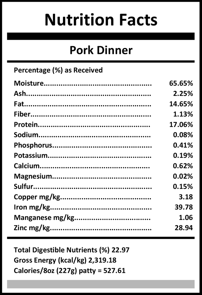 Carnivora Pork Dinner label showing nutrition facts: 65.65% moisture, 17.06% protein, 14.65% fat, plus vitamins, minerals, and 5% vegetables and fruits for dogs.