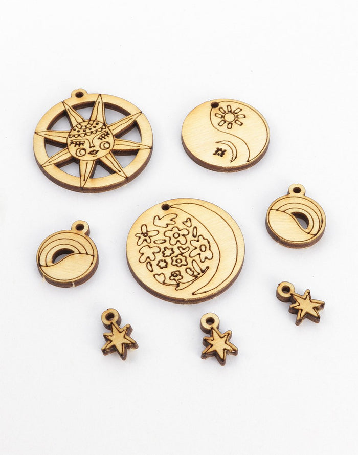 Wooden celestial charms and pendants