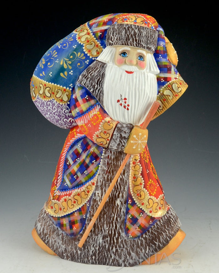 Colorful Russian Santa Carving Walking with Staff and Large Toy bag 10.5 inch