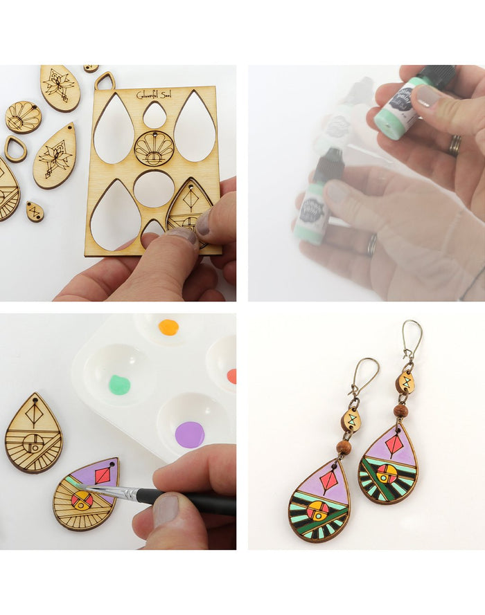 wood cutouts, paint, and finished earrings.