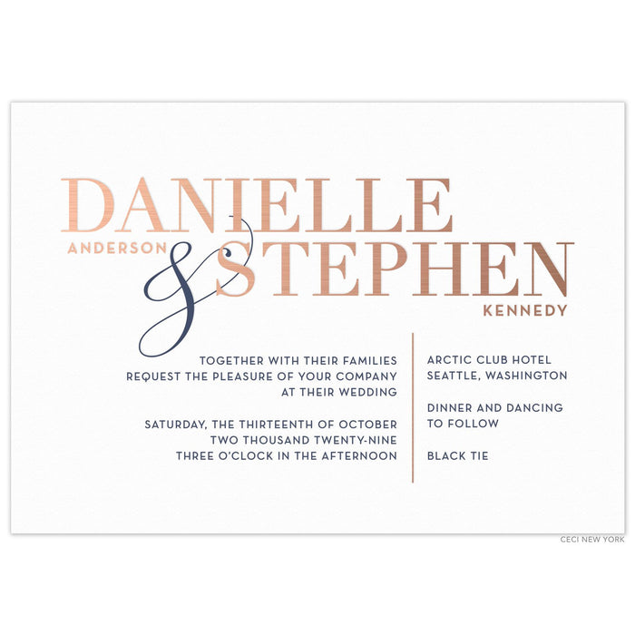 a modern horizontal white paper invitation with bold block rose gold names and dark blue font
