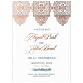 Middle Eastern pattern at the top of the card in rose gold. Block and script font centered on the page in rose gold and navy.