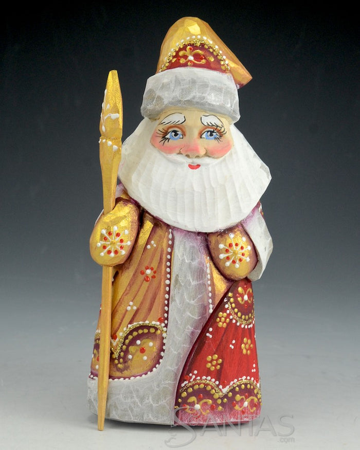 Decorative Gold Russian Santa Carving holding a Toy Bag and Staff 6 inch