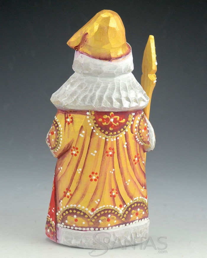 Decorative Gold Russian Santa Carving holding a Toy Bag and Staff 6 inch