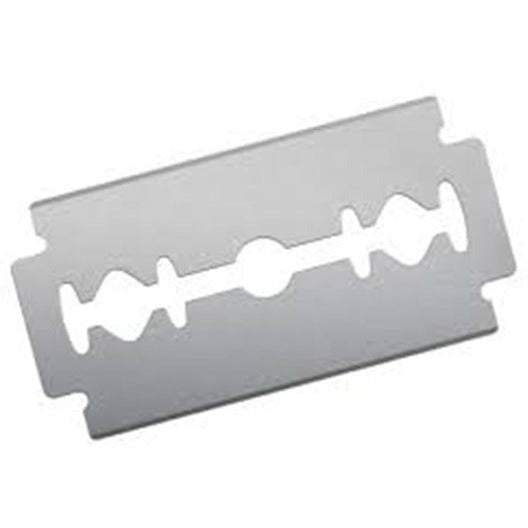 Silver double-sided razor blade for fly tying with central cutout and symmetrical notches