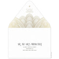 White envelope with sweeping gold line design, gold deco font underneath the design, small Ceci logo on the tip of the flap. Black deco font centered on the font of the envelope.