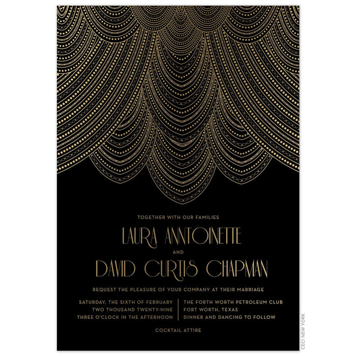 Gold lines drapping in swooping patterns on the top third of a black invitation. Black and gold deco font centered underneath the design.