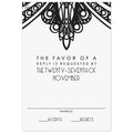 Black deco design at the top of a white reply card. Black deco copy underneath.