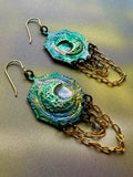 Green moon earrings with chain detail