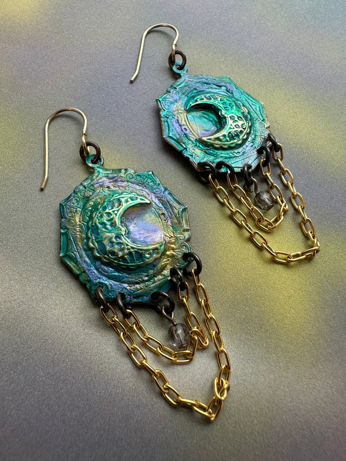 Unique teal and gold earrings with chain, 0133330F-8E48