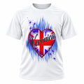 Personalized British Flag Heart T-Shirt, front-view T-shirt mockup featuring custom Air-Volution artwork by Mythic Airbrush