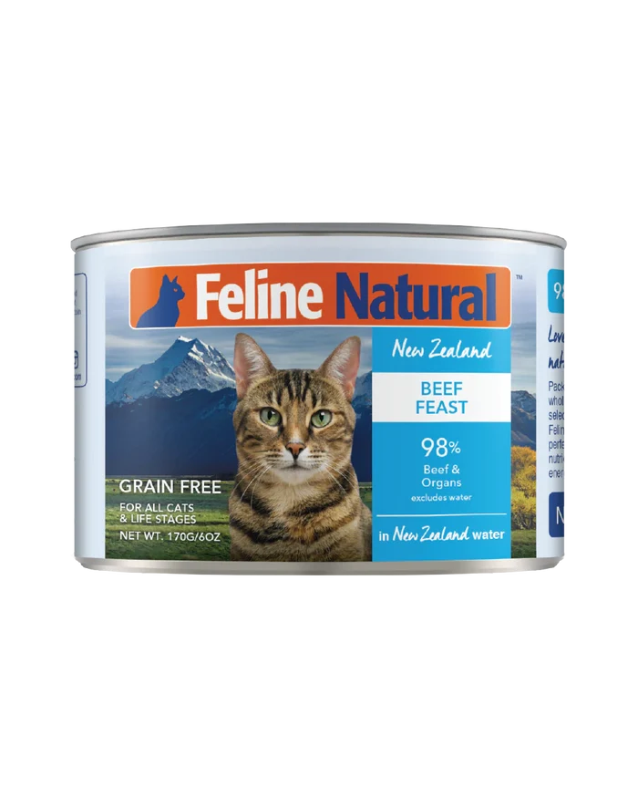 Feline Natural Canned Food for Cats, Beef Feast, 170g can, featuring a cat's face and mountain landscape, grain-free, with 98% beef and organs.