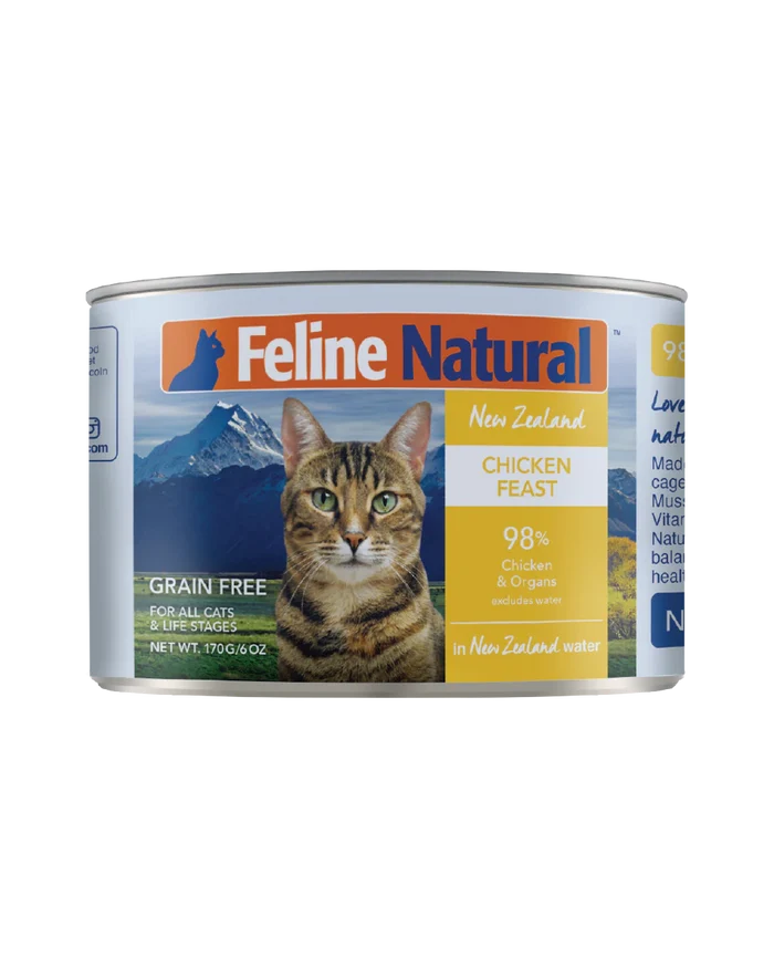 Feline Natural Canned Food for Cats tin, New Zealand Chicken Feast formula, 170g, grain-free, 98% chicken and organs, ready-to-serve, complete nutrition.