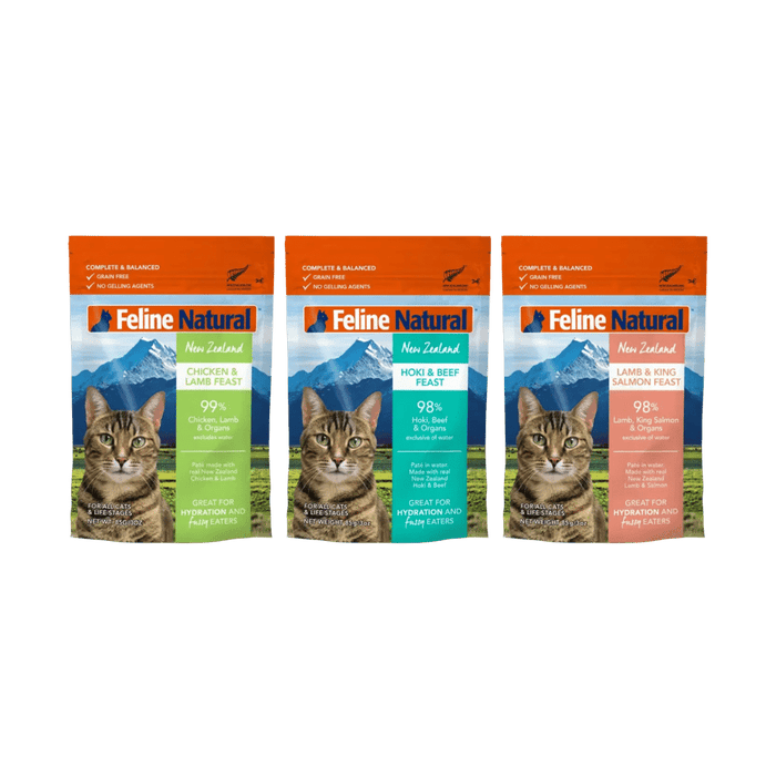 Feline Natural Pouches - Variety Box includes three flavors: Chicken & Lamb, Hoki & Beef, Lamb & King Salmon. Labeled complete & balanced, grain-free, ideal for hydration.