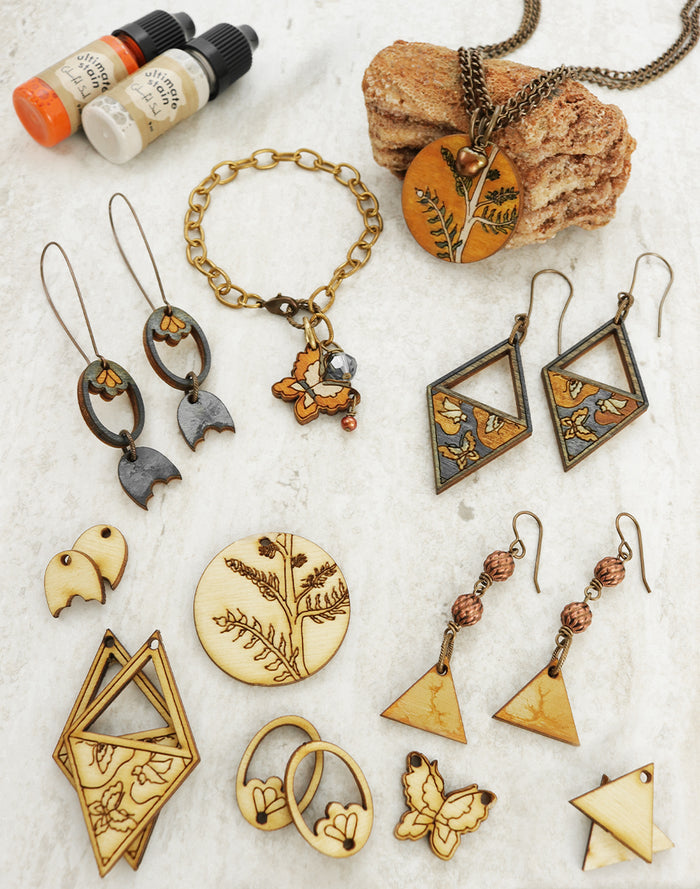 Hand-stained jewelry and paint bottles
