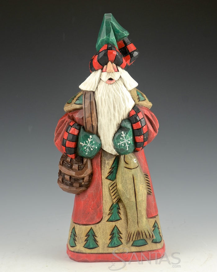 Fish and Creel Fisherman Carving by Dave Francis 9 inch