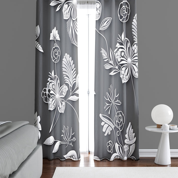 Floral Window Curtain - Abstract Gray Steampunk Florals - Deja Blue Studios