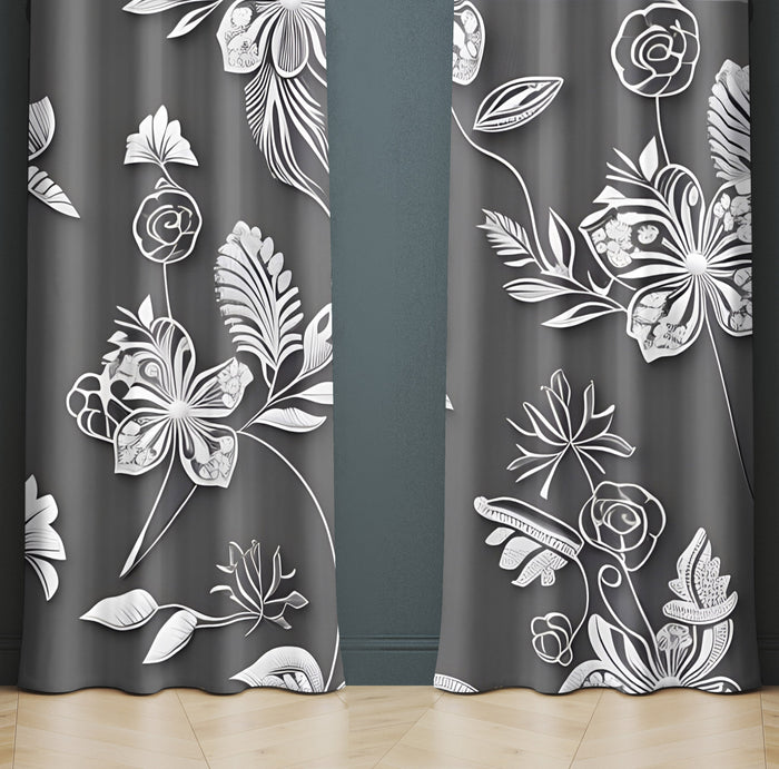 Floral Window Curtain - Abstract Gray Steampunk Florals - Deja Blue Studios