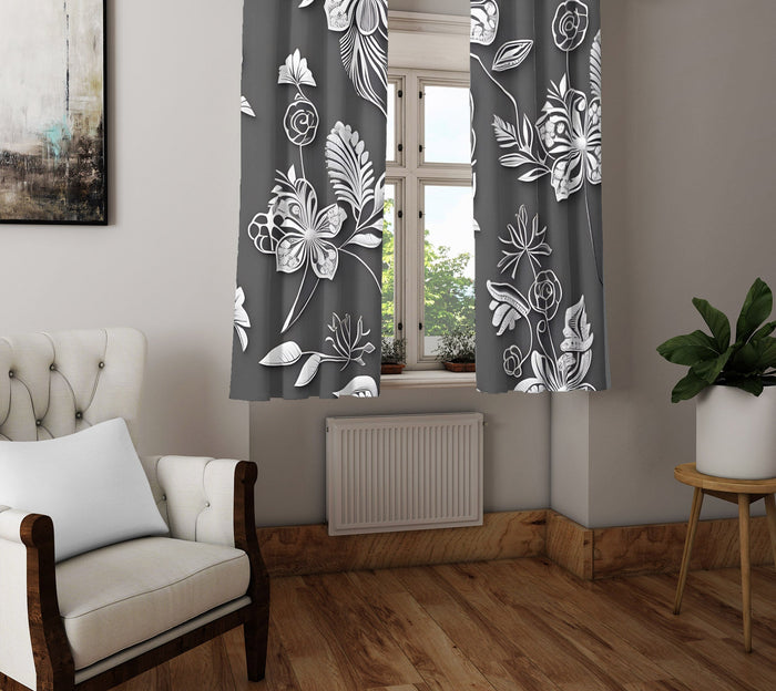 Floral Window Curtain - Abstract Gray Steampunk Florals - Deja Blue Studios