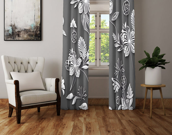 Floral Window Curtain - Abstract Gray Steampunk Florals - Deja Blue Studios
