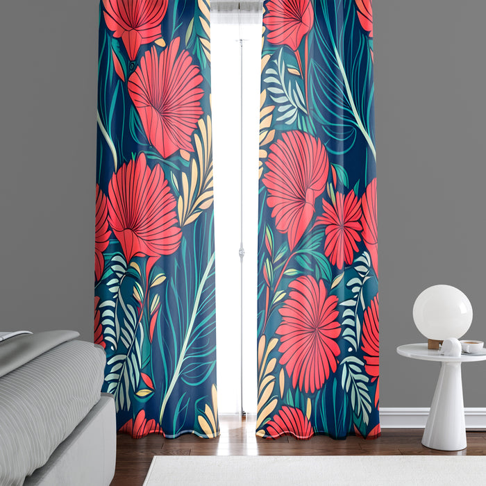 Floral Window Curtain - Blue and Coral Abstract Fan Flowers - Deja Blue Studios