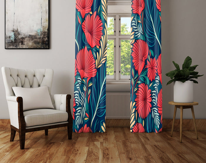 Floral Window Curtain - Blue and Coral Abstract Fan Flowers - Deja Blue Studios