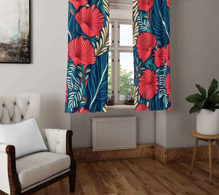 Floral Window Curtain - Blue and Coral Abstract Fan Flowers - Deja Blue Studios
