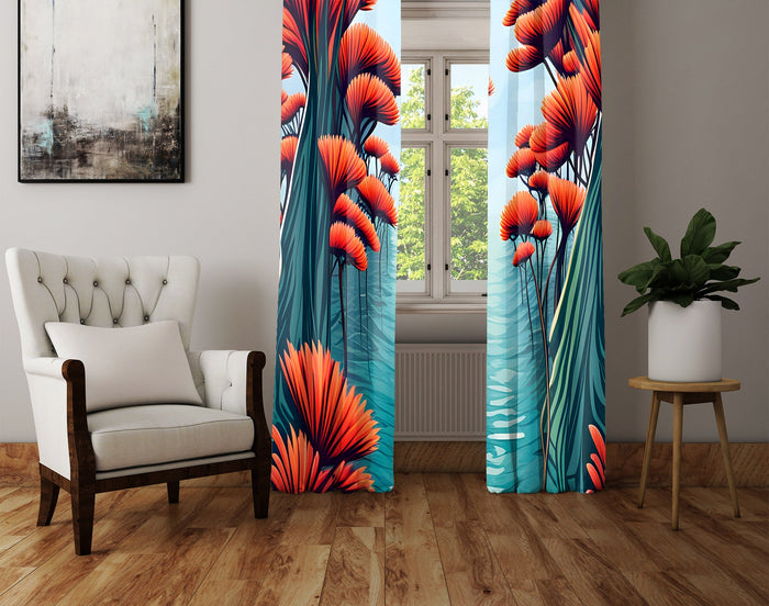 Floral Window Curtain - Orange and Teal Dandelion Forest - Deja Blue Studios