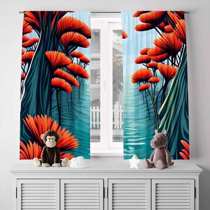 Floral Window Curtain - Orange and Teal Dandelion Forest - Deja Blue Studios