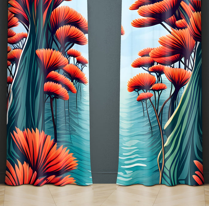 Floral Window Curtain - Orange and Teal Dandelion Forest - Deja Blue Studios