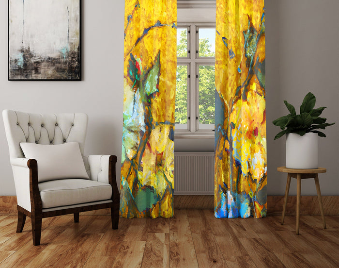 Floral Window Curtain - Van Gogh Inspired Yellow Flowers - Deja Blue Studios
